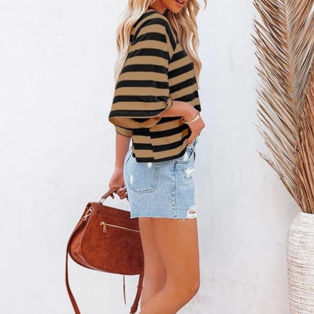 Striped Fashion Tee for Women Color Block Crewneck Loose Fit - Size L - Picture 2 of 5